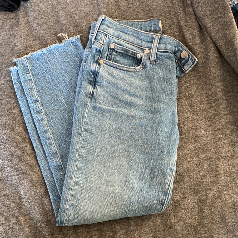 Medium wash, raw hem, Madewell jeans